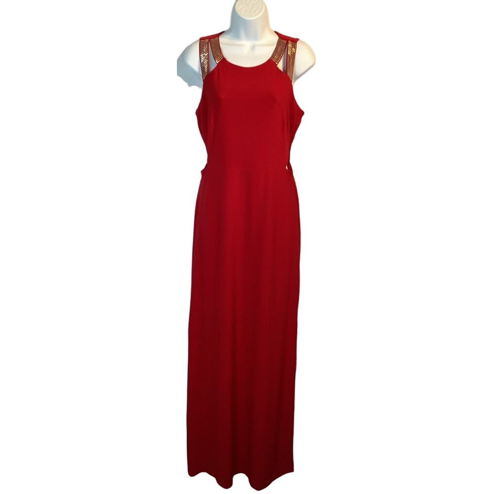 Guess Stretch Sleeveless Long Formal Evening Gown‎ Red with Gold Stud Accents 8